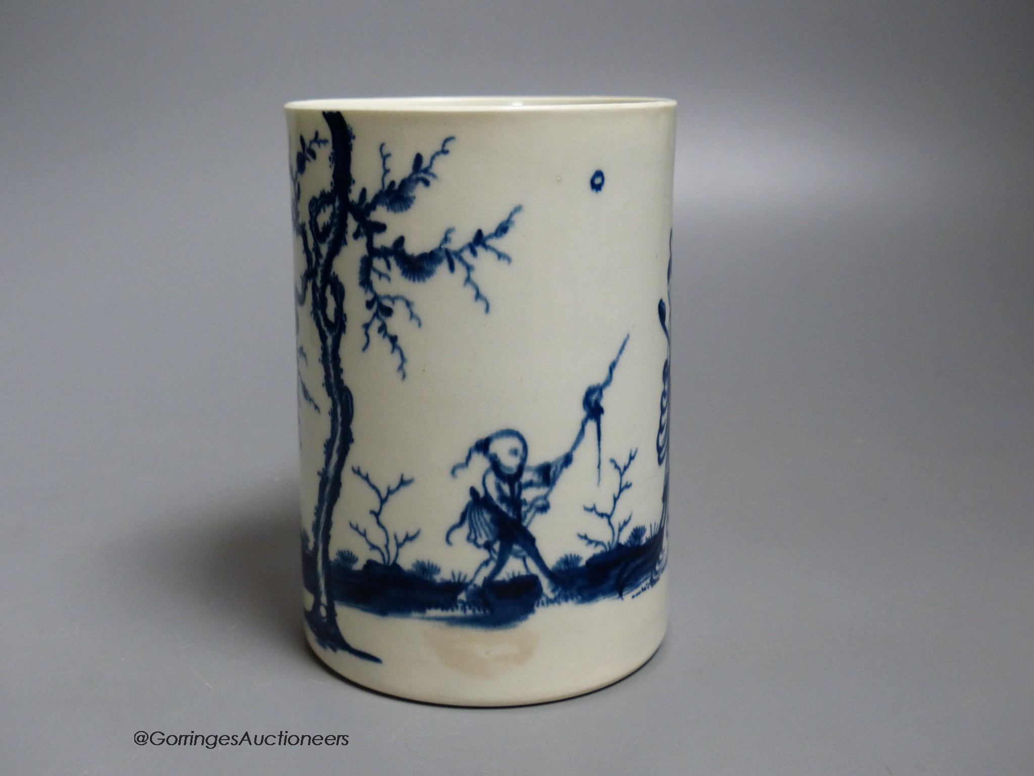 A Worcester 'Walk in the garden' pattern cylinder mug, painted in underglaze blue, open crescent mark, height 12.5cm